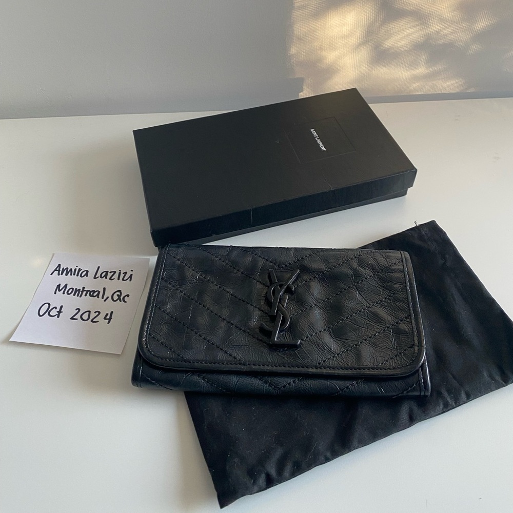 YSL Saint Laurent Crinkle Calfskin Matelasse Leather Large Wallet Black